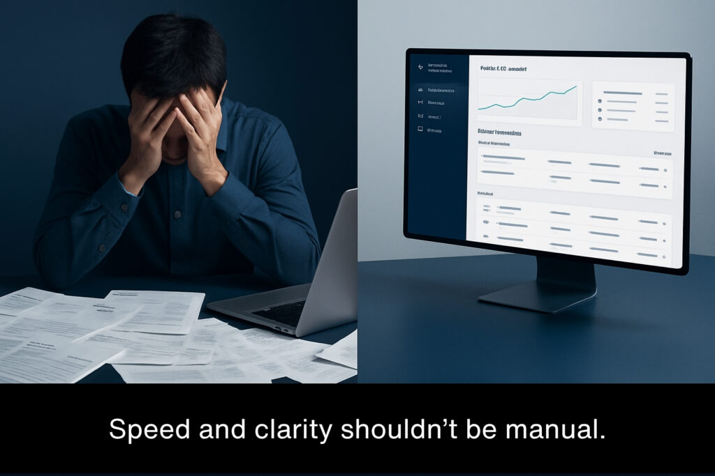 Split image showing a frustrated man surrounded by paper documents on the left, and a clean digital dashboard interface on the right. Caption: ‘Speed and clarity shouldn’t be manual.’