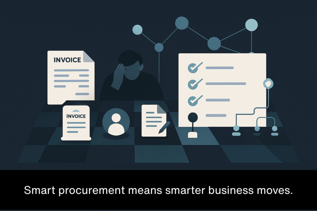 Person sitting at a chessboard table with invoices and documents, surrounded by strategic icons like checklists, charts, and diagrams. Caption: ‘Smart procurement means smarter business moves.’