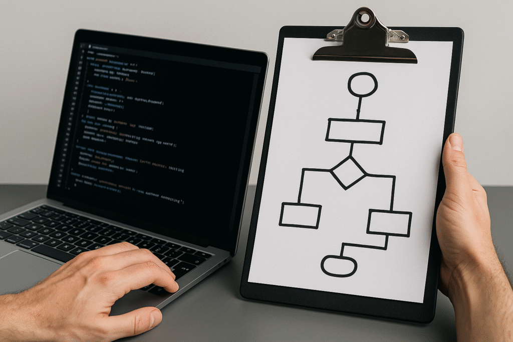 Person working on a laptop displaying code, holding a clipboard with a hand-drawn flowchart, representing software development and system planning.