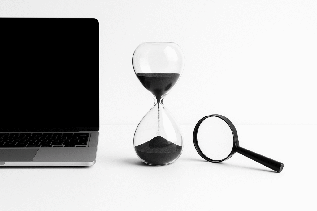 Minimalist setup showing a laptop, hourglass, and magnifying glass, symbolizing the slow and meticulous process of hiring or reviewing work.