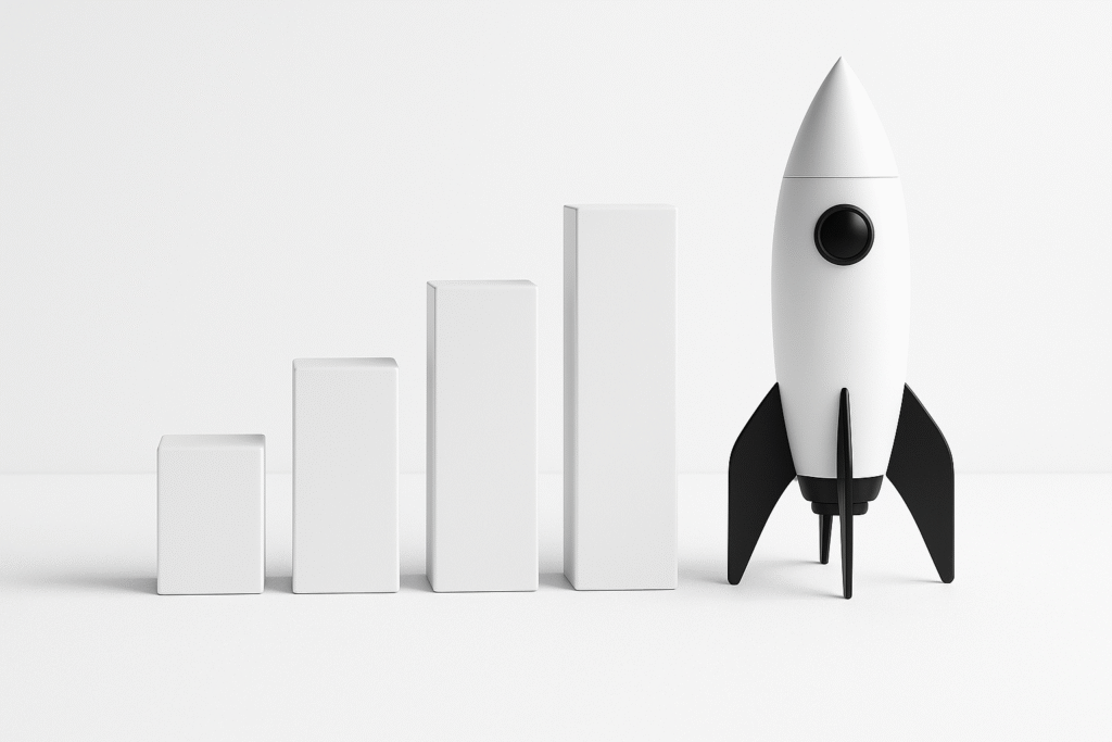 Stylized rocket next to ascending bar graph, representing startup growth and scaling potential with the right support.