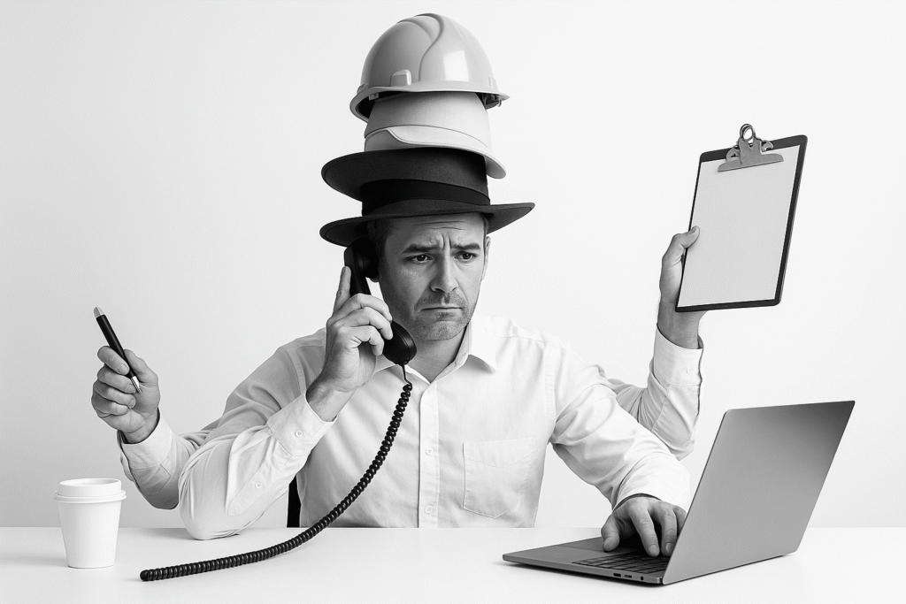 Overwhelmed man wearing multiple hats symbolizing different job roles, multitasking with a phone, clipboard, pen, and laptop—depicting the stress of handling too many responsibilities.