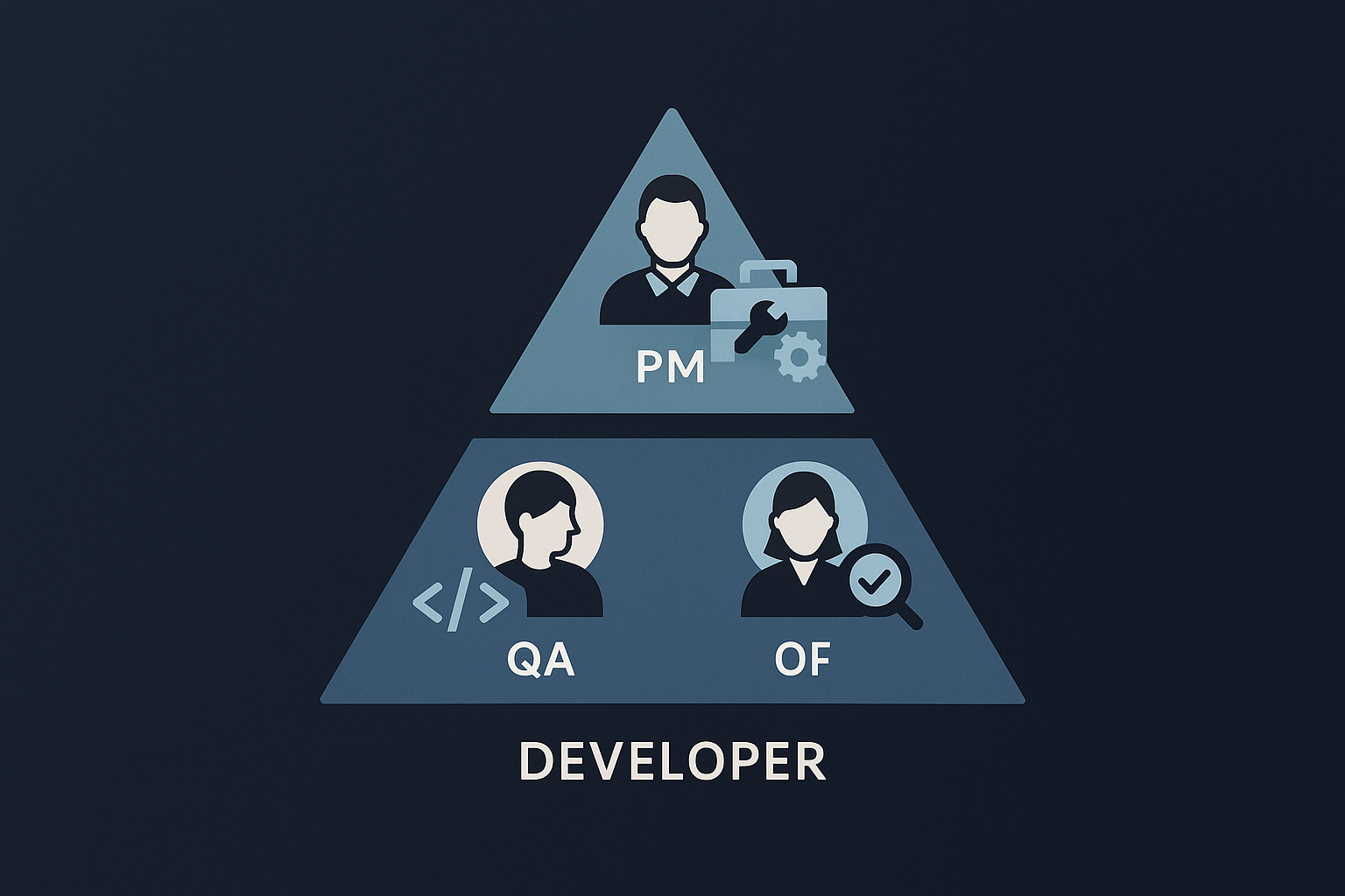Pyramid diagram showing developer roles at the base, QA and OF in the middle, and PM at the top, illustrating a structured team hierarchy in remote tech teams.