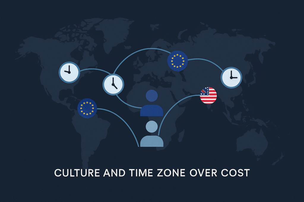 World map with overlapping time zone clocks and location icons representing the U.S. and EU, highlighting cultural and time zone alignment in remote team collaboration. Caption: ‘Culture and Time Zone Over Cost.’