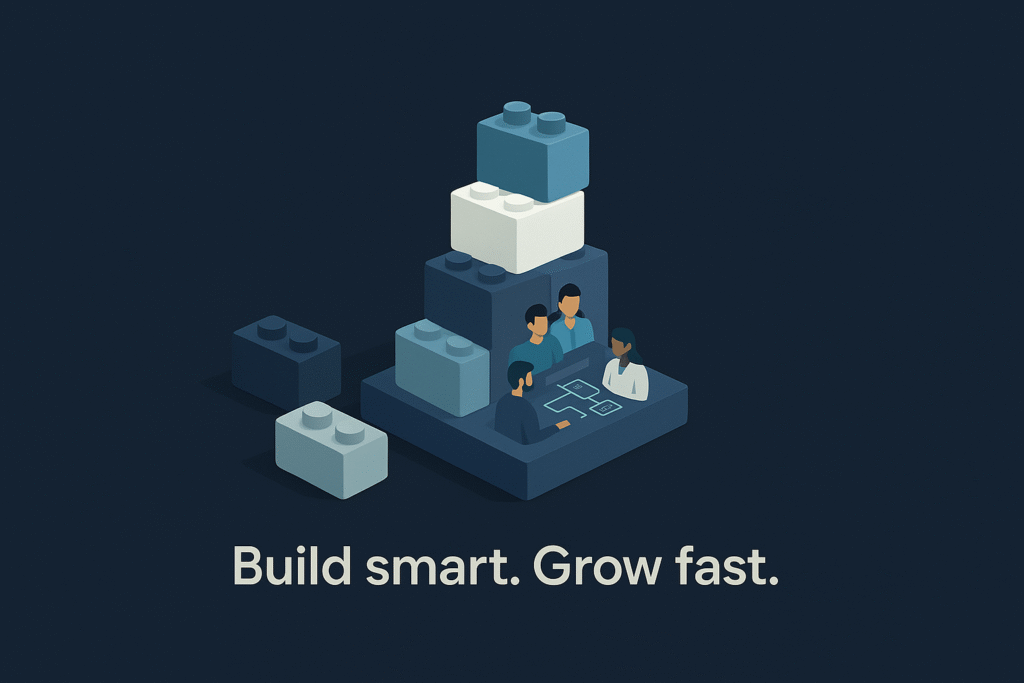 People collaborating atop stacked building blocks, symbolizing scalable team structure and smart growth strategies. Caption: ‘Build smart. Grow fast.’