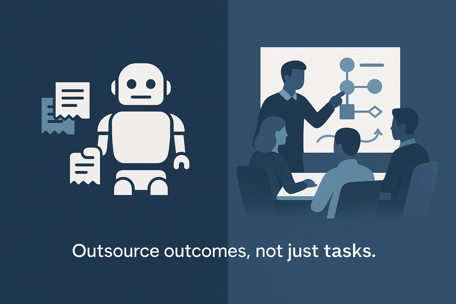 Illustration split into two halves: the left shows a robot holding documents, representing task automation; the right shows a team discussing a flowchart, emphasizing strategic collaboration. Caption: ‘Outsource outcomes, not just tasks.’